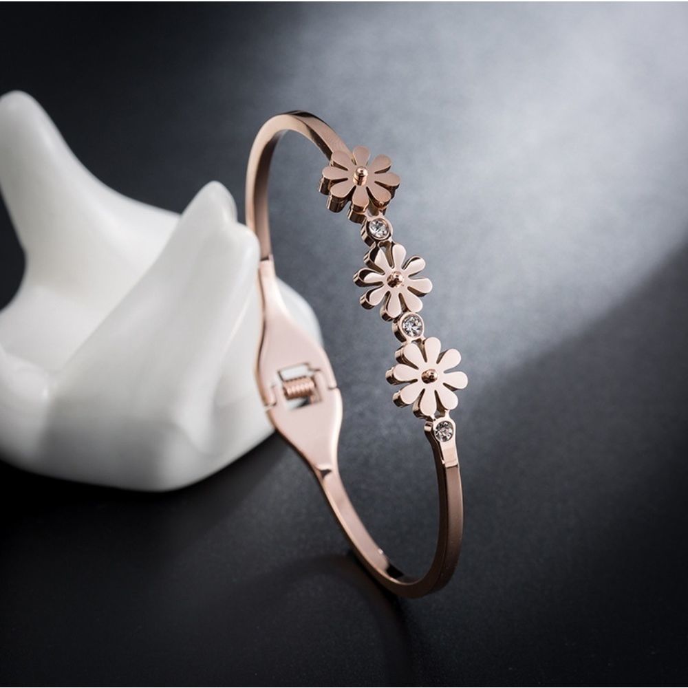 Rose Gold Floral Daisies Crystals Bangle Bracelets